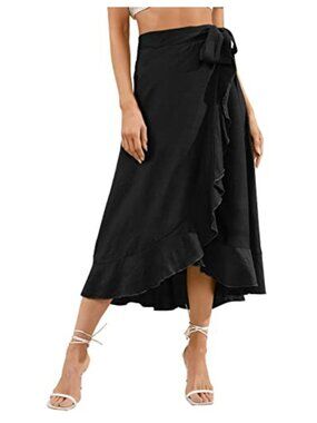 Flowy Wrap Long Maxi Skirt with Tie Waist Ruffle Hem